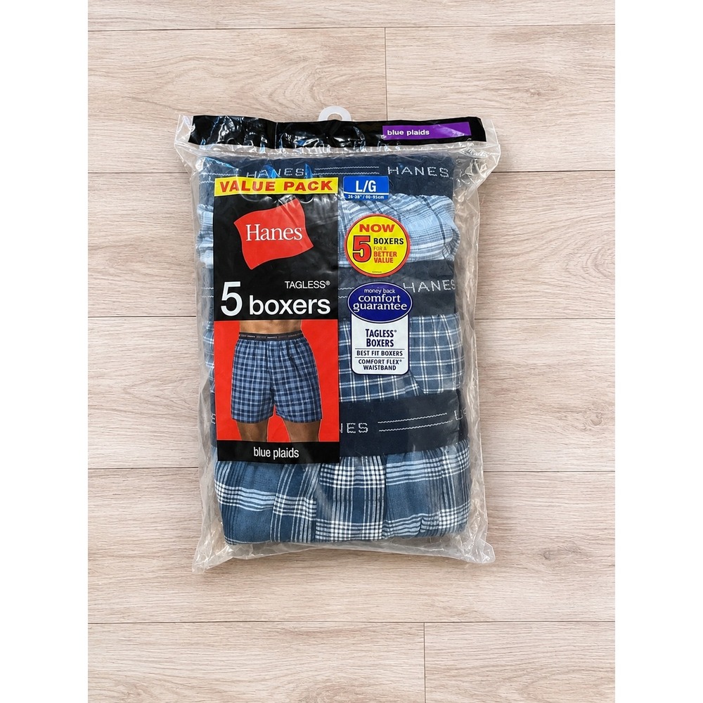 Hanes Mens 5 Pack Tagless Boxers Blue Plaids Comfort Flex Waistband Size Large